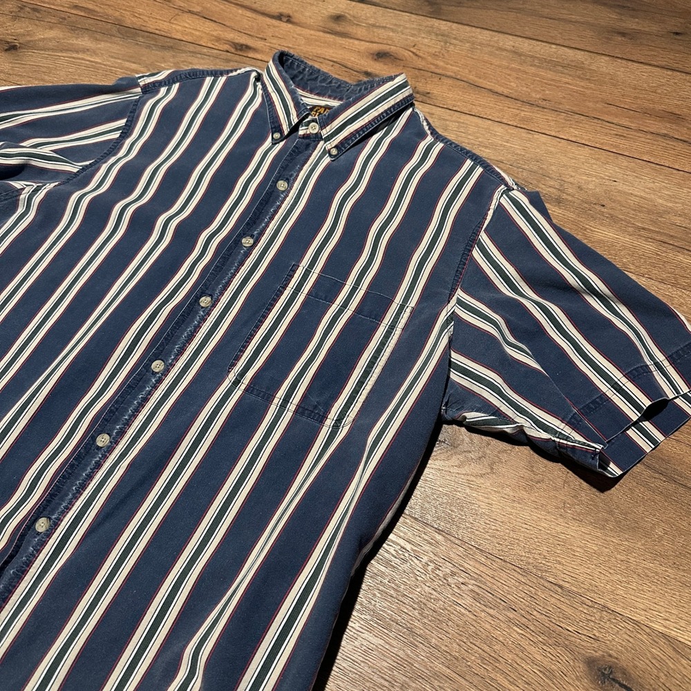 Vintage Faded Glory Blue Striped Button Down Shirt Mens XL Short Sleeve Cotton